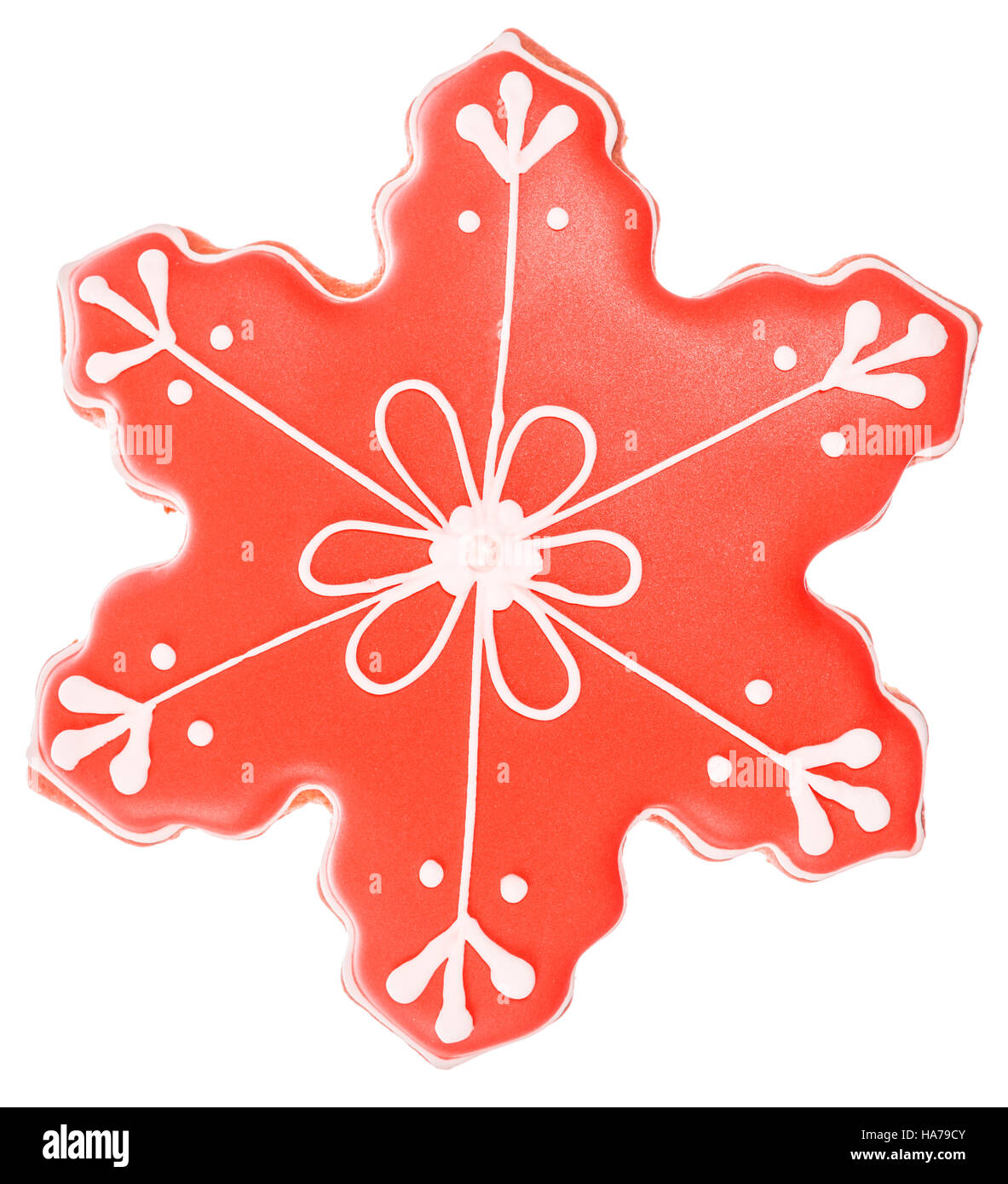 Schöne und leckere Cookies Weihnachten Lebkuchen rot Schneeflocke auf weißem Hintergrund Stockfoto