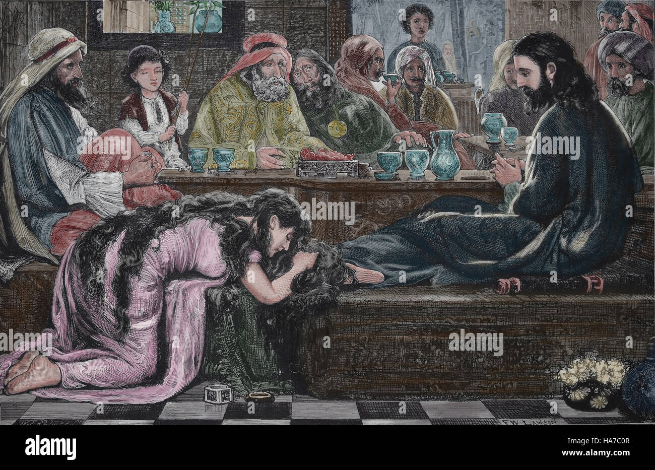 Neuen Testaments. Jesus mit der Sünderin. Pharisäers Haus. Kupferstich, 19. Jahrhundert. Farbige. Stockfoto