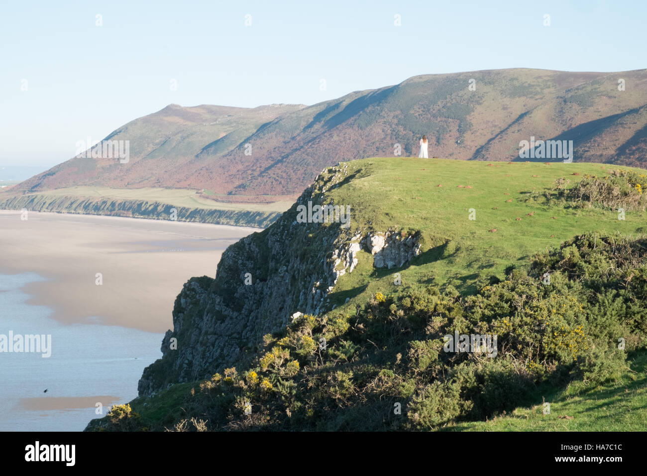 Rhosili, Rhossili, Rhossilli, Bucht, Llangenneth Langenneth, Strand, Worms Head, Wurm Gower Halbinsel, Swansea, Grafschaft Swansea, Wales, Stockfoto