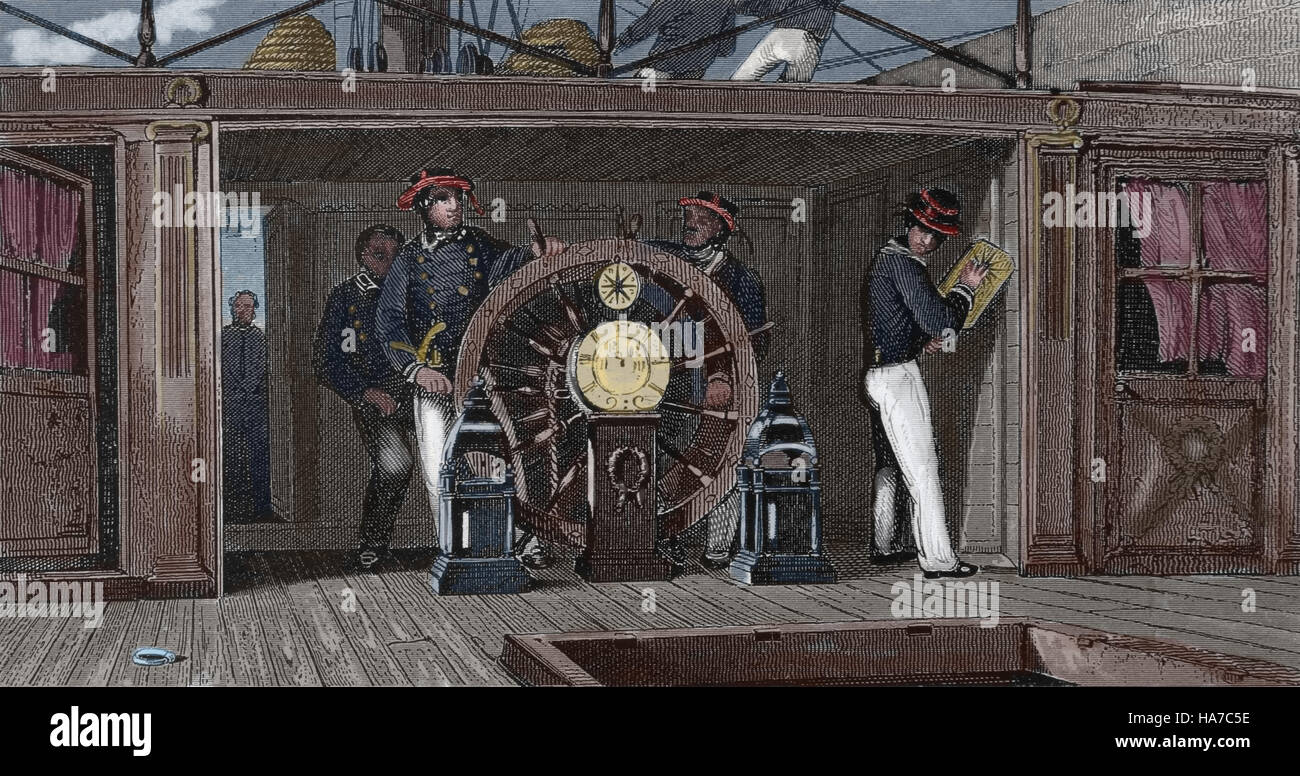 Geschichte der Navigation. Das Rad. Ikonographische Enzyklopädie der Wissenschaft, Literatur und Kunst, 19. Jahrhundert. Farbe. Stockfoto
