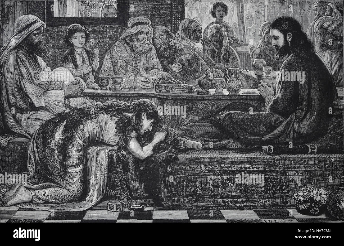 Neuen Testaments. Jesus mit der Sünderin. Pharisäers Haus. Kupferstich, 19. Jahrhundert. Stockfoto