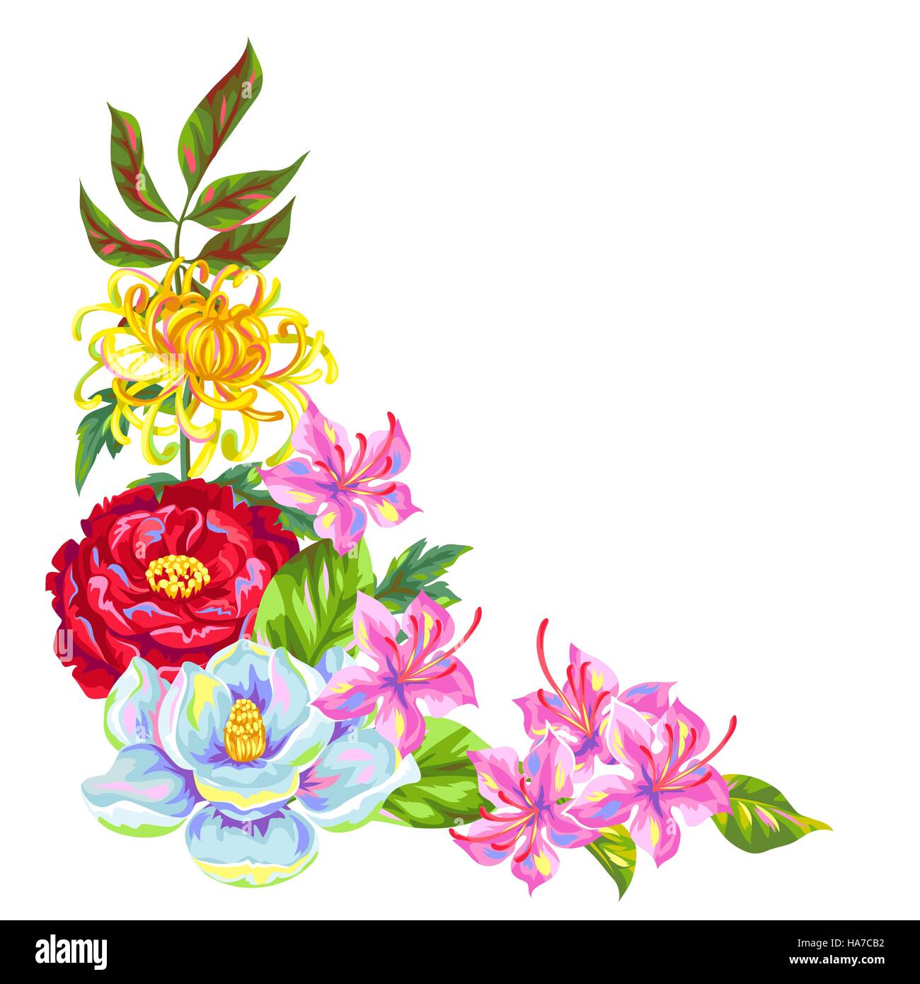 Dekoratives Element mit China Blumen. Hellen Knospen von Magnolia, Pfingstrose, Rhododendron und Chrysantheme Stock Vektor