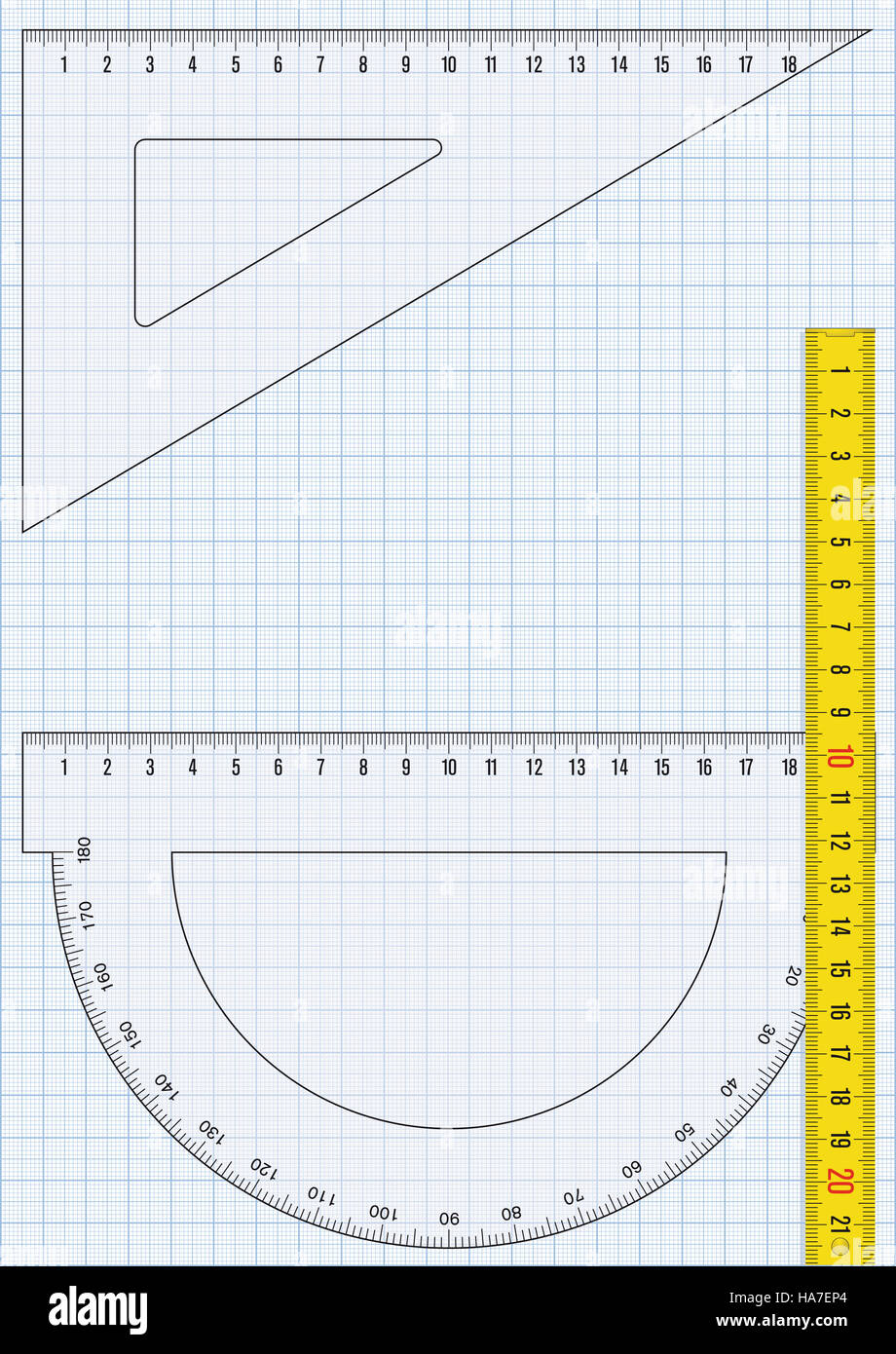 Zeichenpapier mit Maßeinteilung und Herrscher Stockfoto
