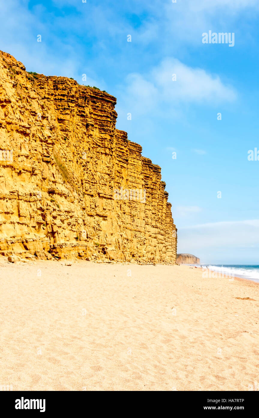 Die vertikale East Cliff des oberen Lias bei Bridport Sands zeigt fast horizontale abwechselnde Betten von harten und weichen Sandstein Stockfoto