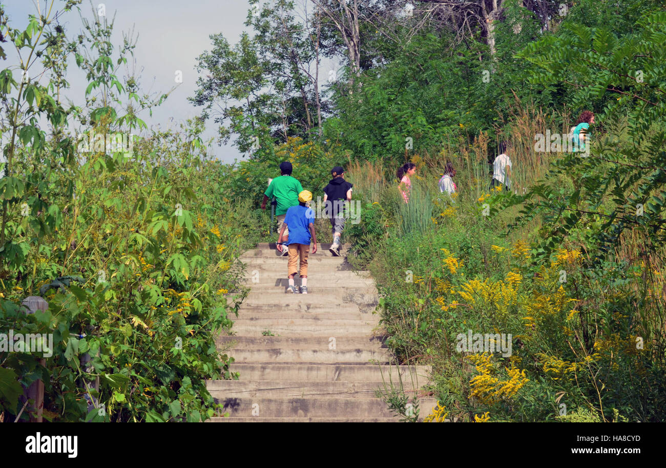 Wandern im Minnesota Valley National Park bietet die Gelegenheit, die vielfältigen Ökosysteme des Parks zu erkunden, mit Blick auf Wildtiere, Wälder und Feuchtgebiete und Freizeitaktivitäten im Freien. Stockfoto