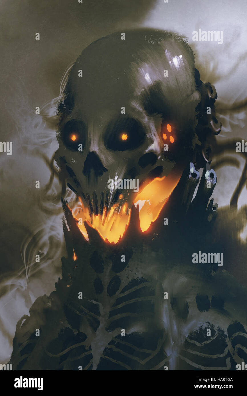 Sci-Fi-Charakter der alien Totenkopf auf dunklem Hintergrund, Illustration, Malerei Stockfoto