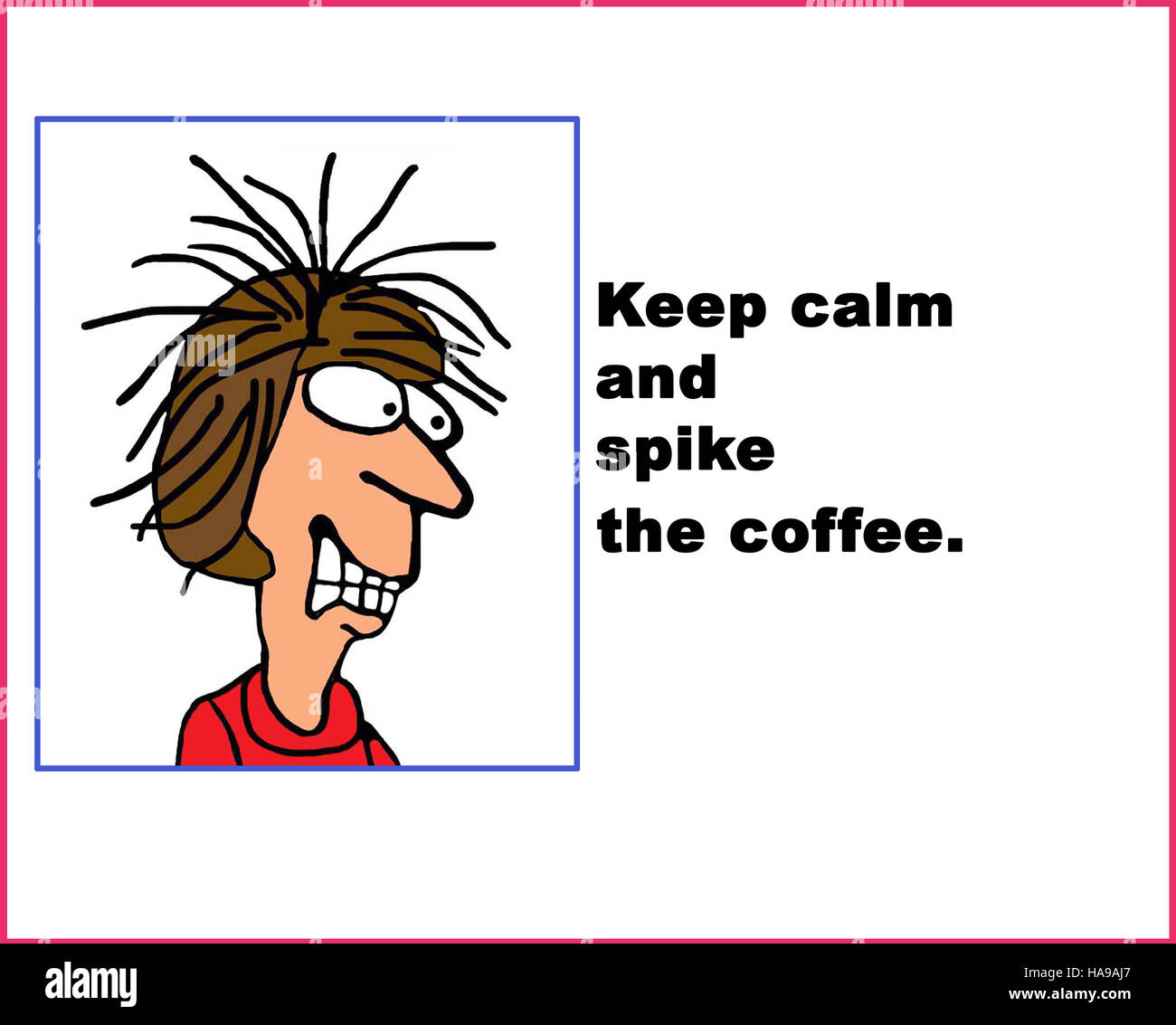 Farbigen Illustration einer gestressten Frau mit Spikes Kaffee ruhig zu bleiben. Stockfoto