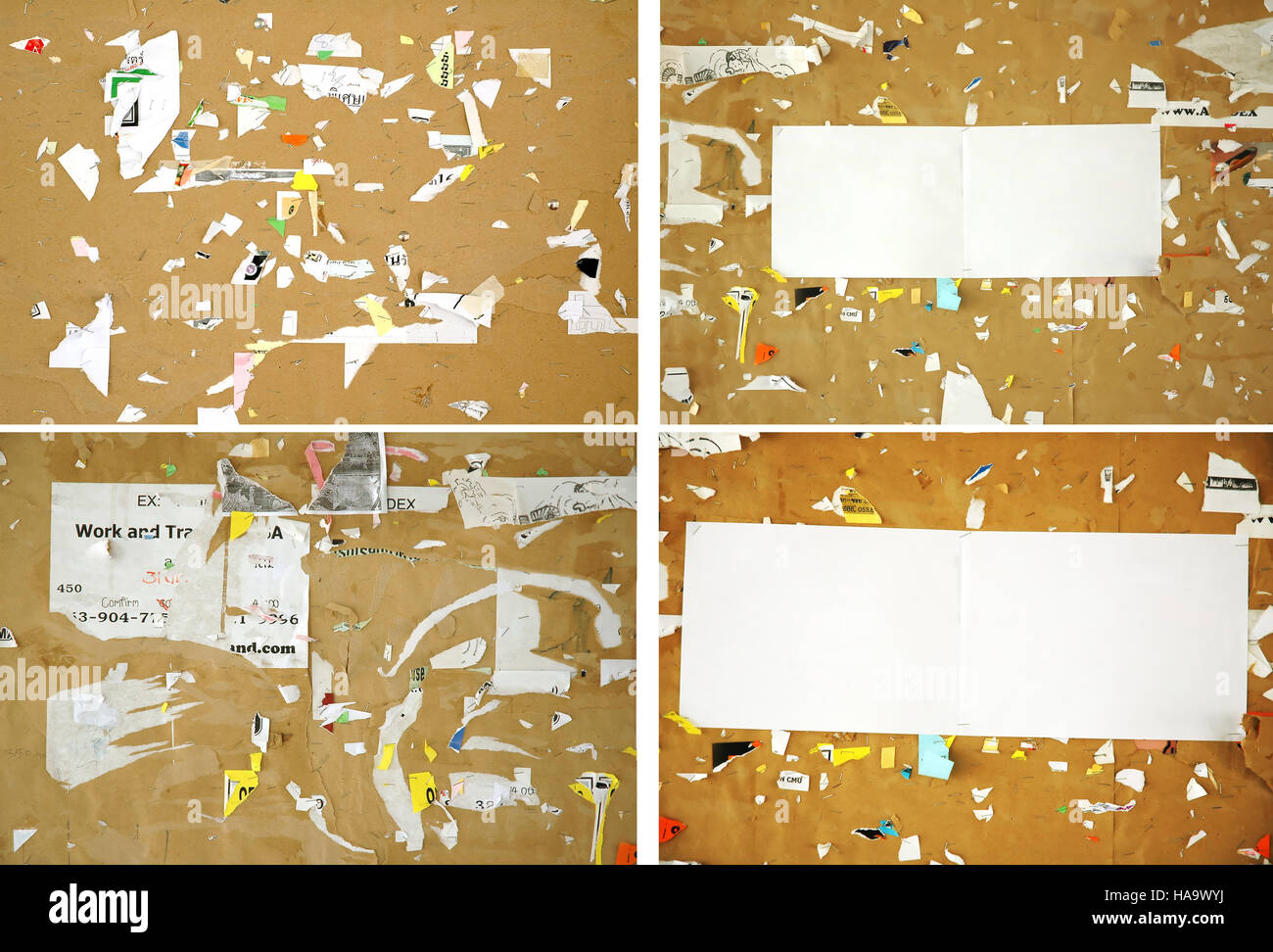 alte zerkratzt Papier auf einer Pinnwand Stockfoto