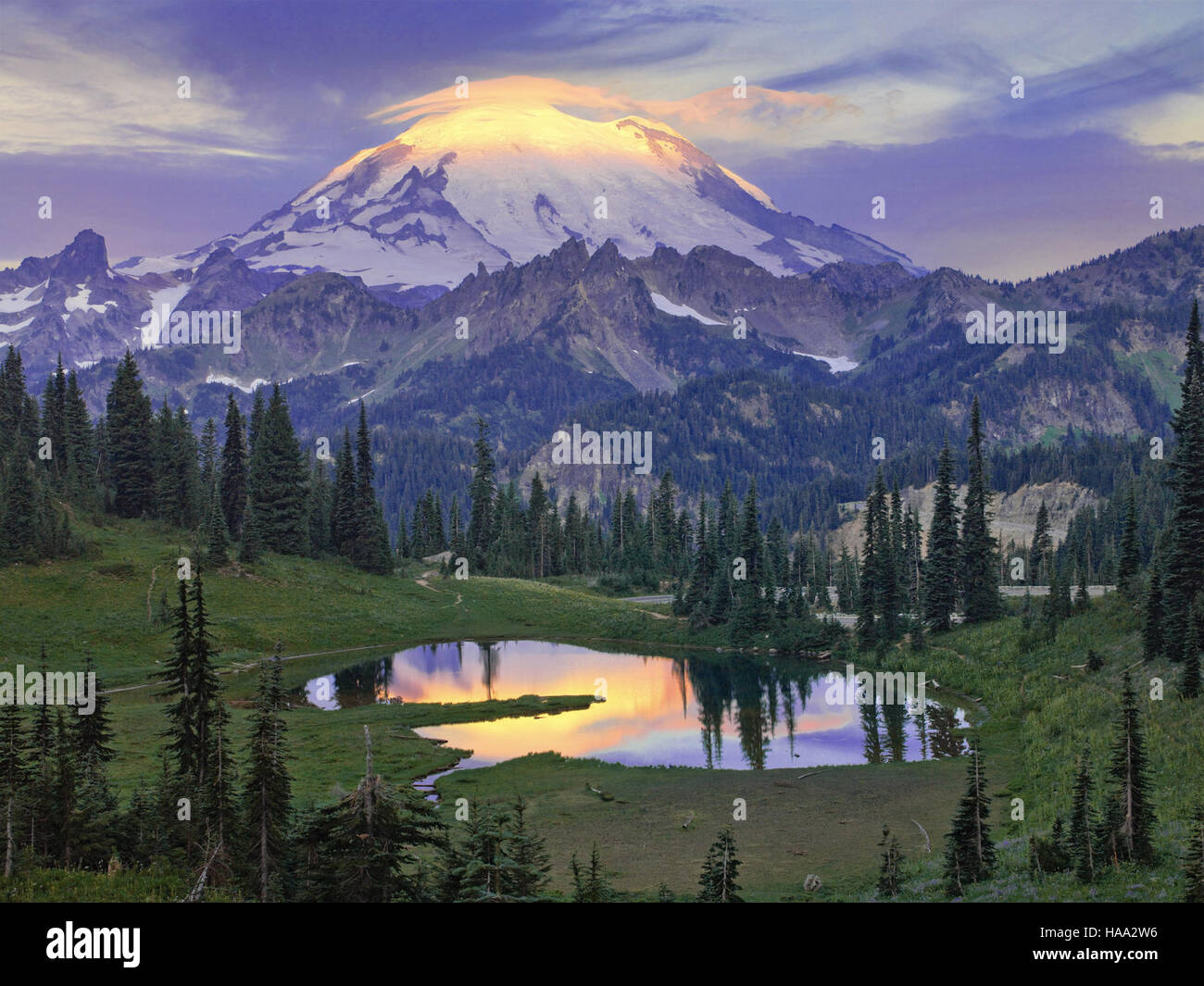 Der Tipsoo Pond im Bundesstaat Washington bietet eine ruhige Landschaft, vor allem bei Sonnenaufgang, wenn die natürliche Schönheit des Parks zum Leben erweckt wird. Der Teich ist Teil eines Nationalparks, der für seine vielfältigen Ökosysteme und Freizeitmöglichkeiten im Freien bekannt ist. Stockfoto
