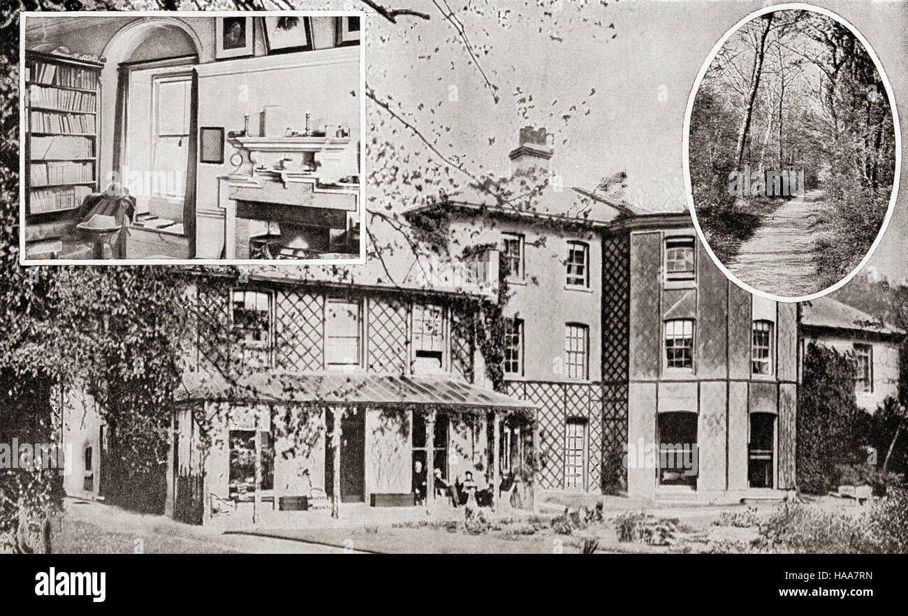 Hotel, Beckenham, Kent, England.  Das Haus von Charles Darwin.  Ausschnitt links, Arbeitszimmer, wo der Ursprung der Arten wurde geschrieben und Einpresstiefe rechts, seine liebsten zu Fuß.  Charles Robert Darwin, 1809-1882. Englische Naturforscher. Stockfoto