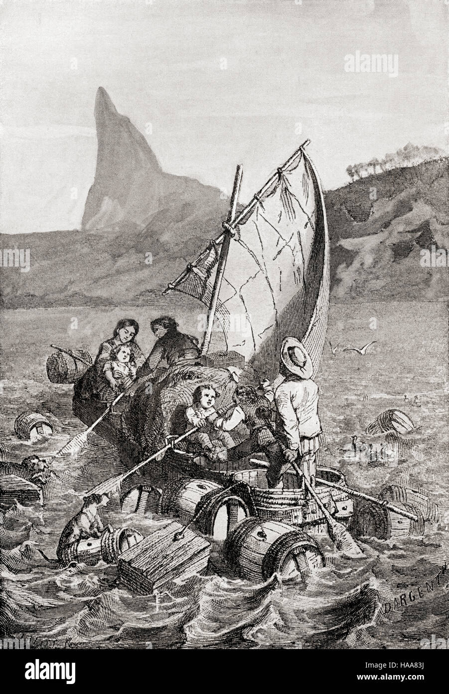 "Wir Leinen los und entfernte sich von dem Wrack".  Illustration aus den Roman The Schweizer Familie Robinson Johann David Wyss. Stockfoto