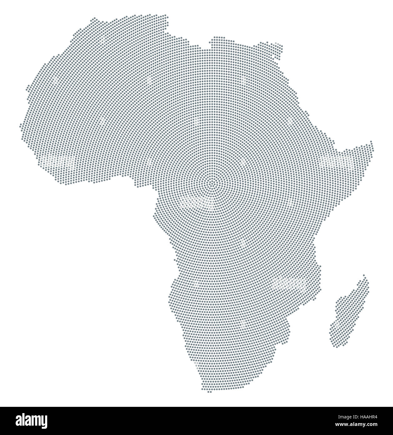 Afrika Karte radial Punktmuster. Graue Punkte gehen von der Mitte nach außen bilden die Silhouette des afrikanischen Kontinents. Stockfoto