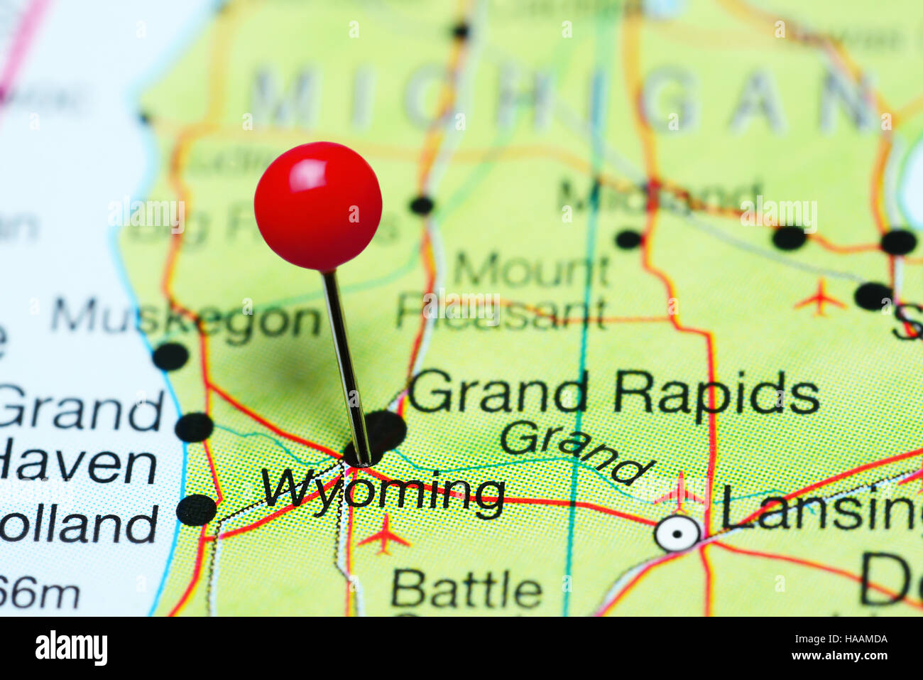 Wyoming, fixiert auf einer Karte von Michigan, USA Stockfoto
