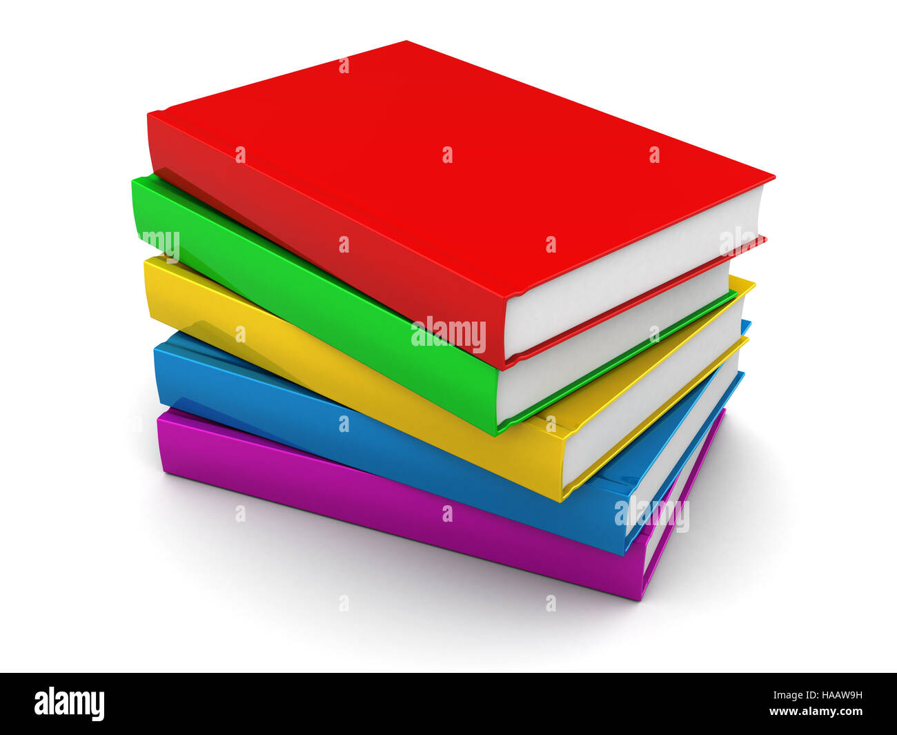 3D Darstellung der bunte Bücher-Stapel auf weißem Hintergrund Stockfoto