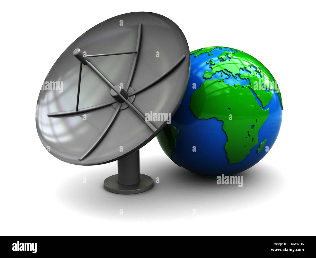 3D Darstellung der Erde Globus und Stellite Antenne, auf weißem Hintergrund Stockfoto