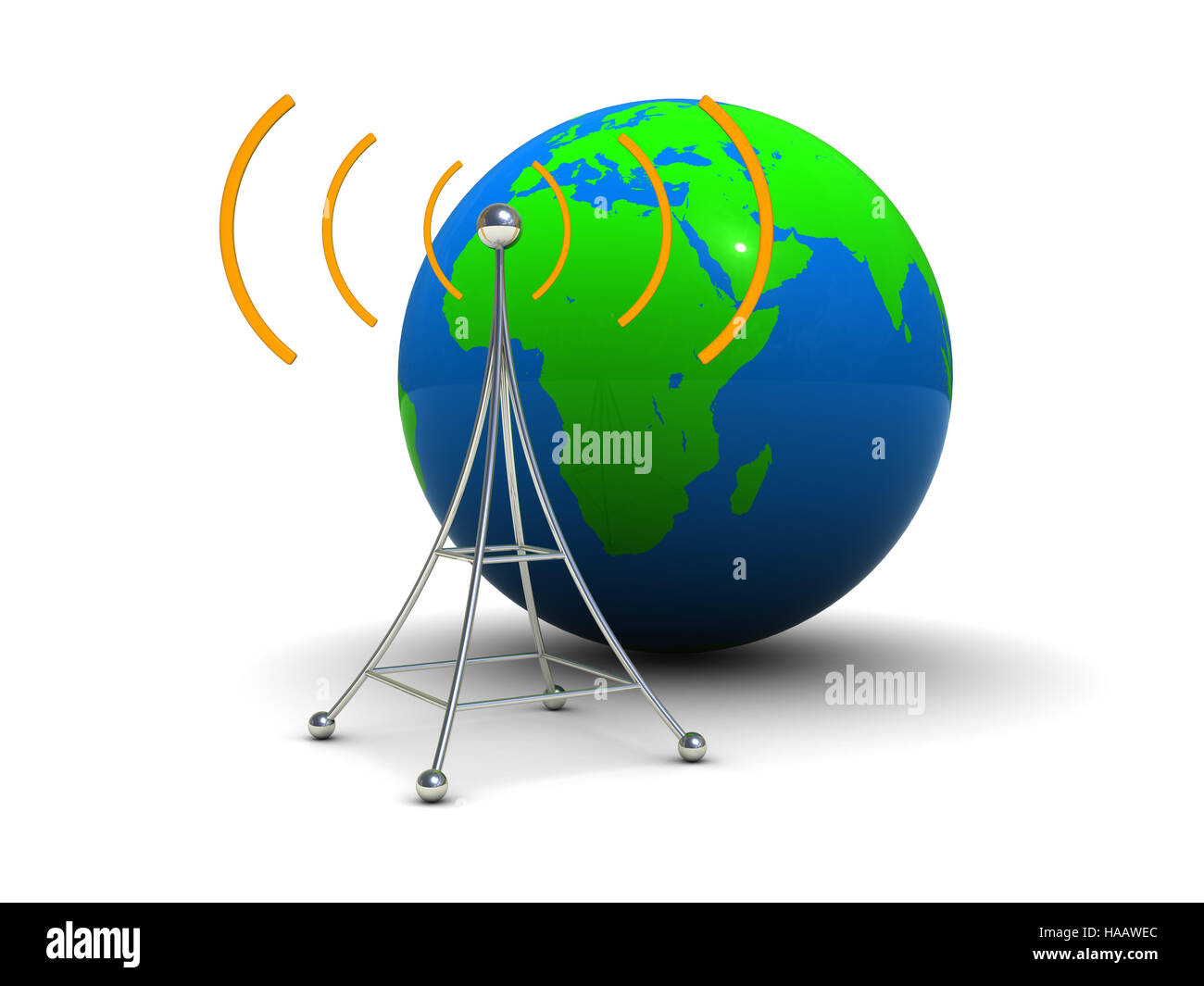 3D Abbildung des Radio-Antenne-Symbols mit Erdkugel Stockfoto