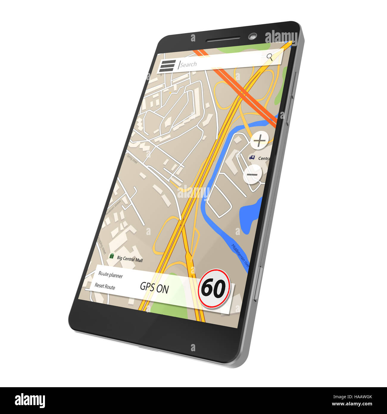 3D Darstellung der Navigations-Software auf dem Handy Stockfoto