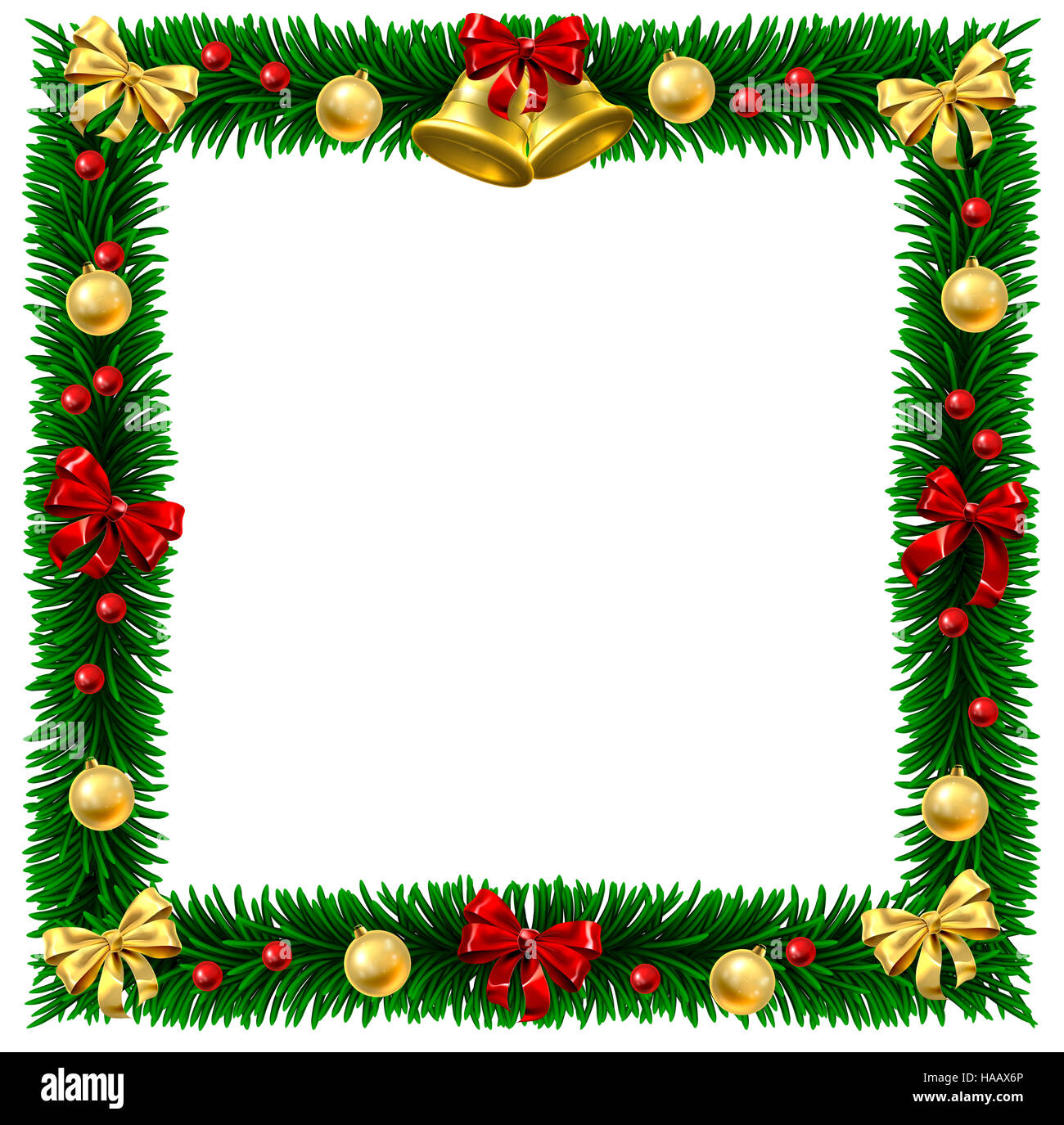 Quadratische Weihnachtsbaum Kranz Grenze Dekoration festliche Design Rahmenhintergrund mit Kugel Kugeln aus Zweigen der Bäume hängen. Stockfoto