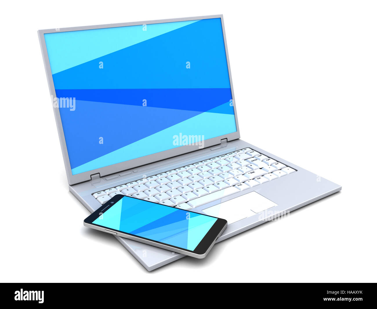 3D Abbildung des Laptop-Computer mit Handy, auf weißem Hintergrund Stockfoto
