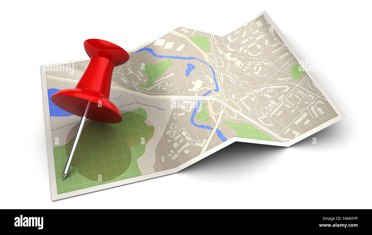 3D Darstellung der Karte und roten Stift, Navigationskonzept Stockfoto
