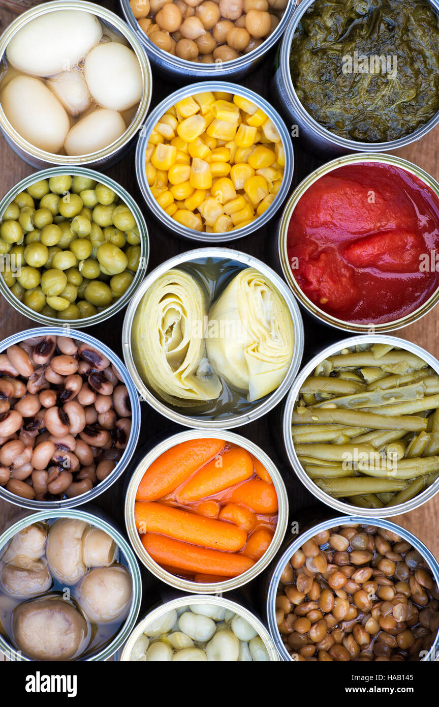 Konservierte Gemüse, Bohnen und Hülsenfrüchte Muster Stockfoto