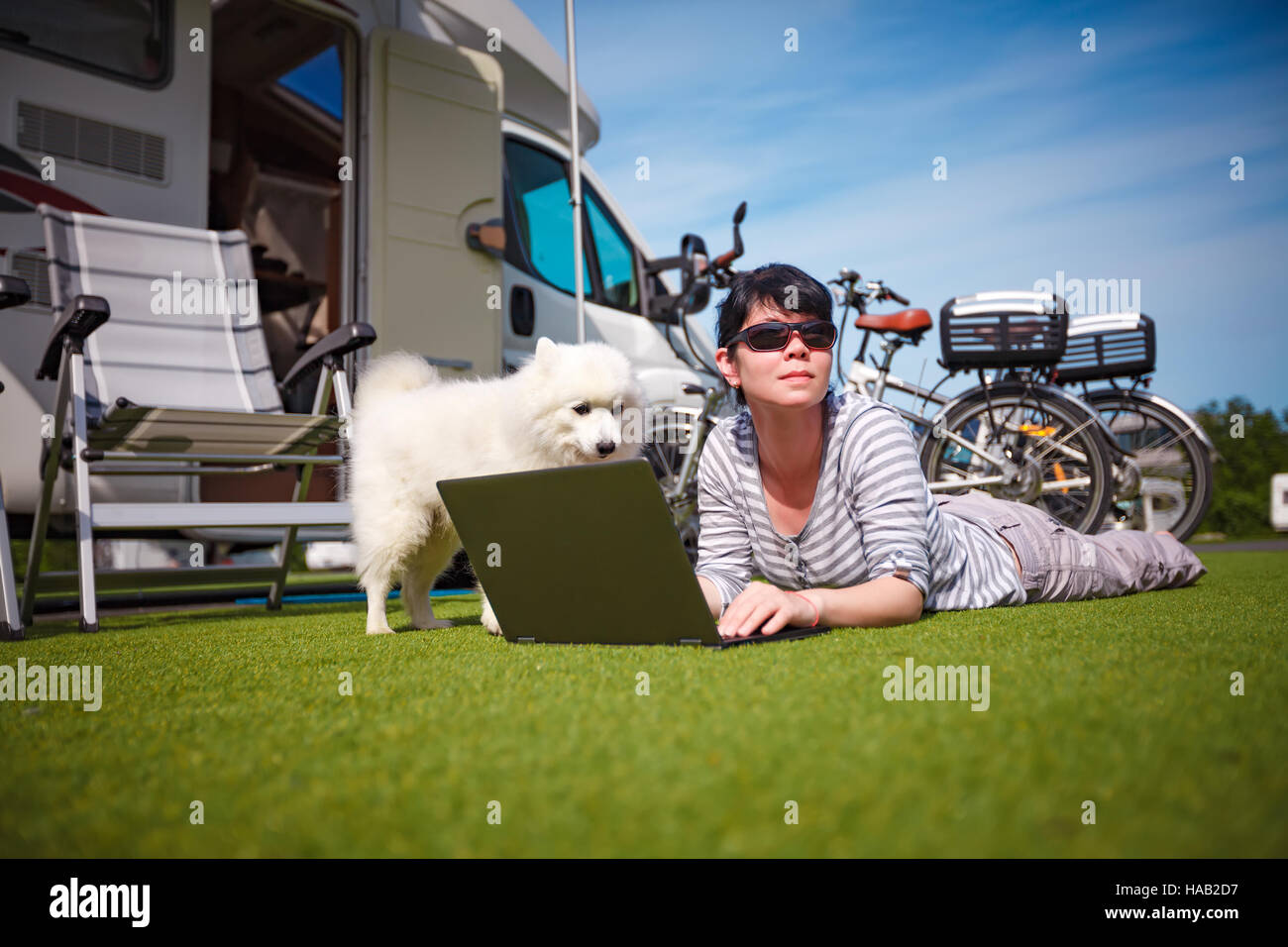 Frau auf dem Rasen mit einem Hund einen Laptop zu betrachten. Wohnwagen Auto Urlaub. Urlaub mit der Familie reisen, Urlaub im Wohnmobil Stockfoto
