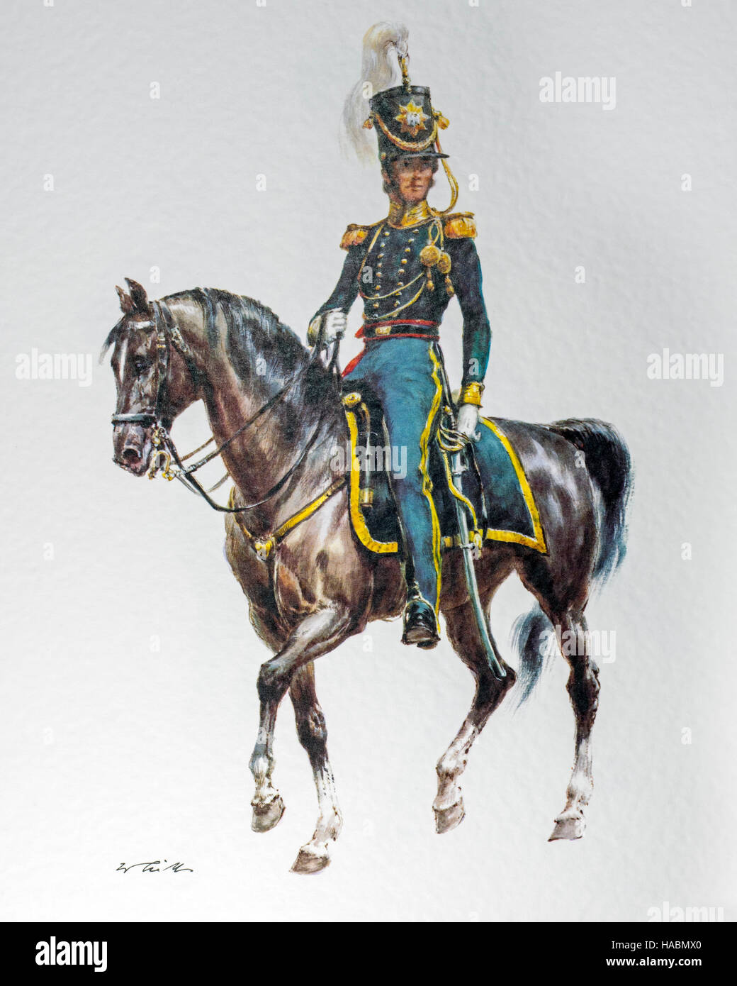 Amerikanischer Offizier auf dem Pferderücken in 1836 Uniform der United States Regiment Dragoner Stockfoto