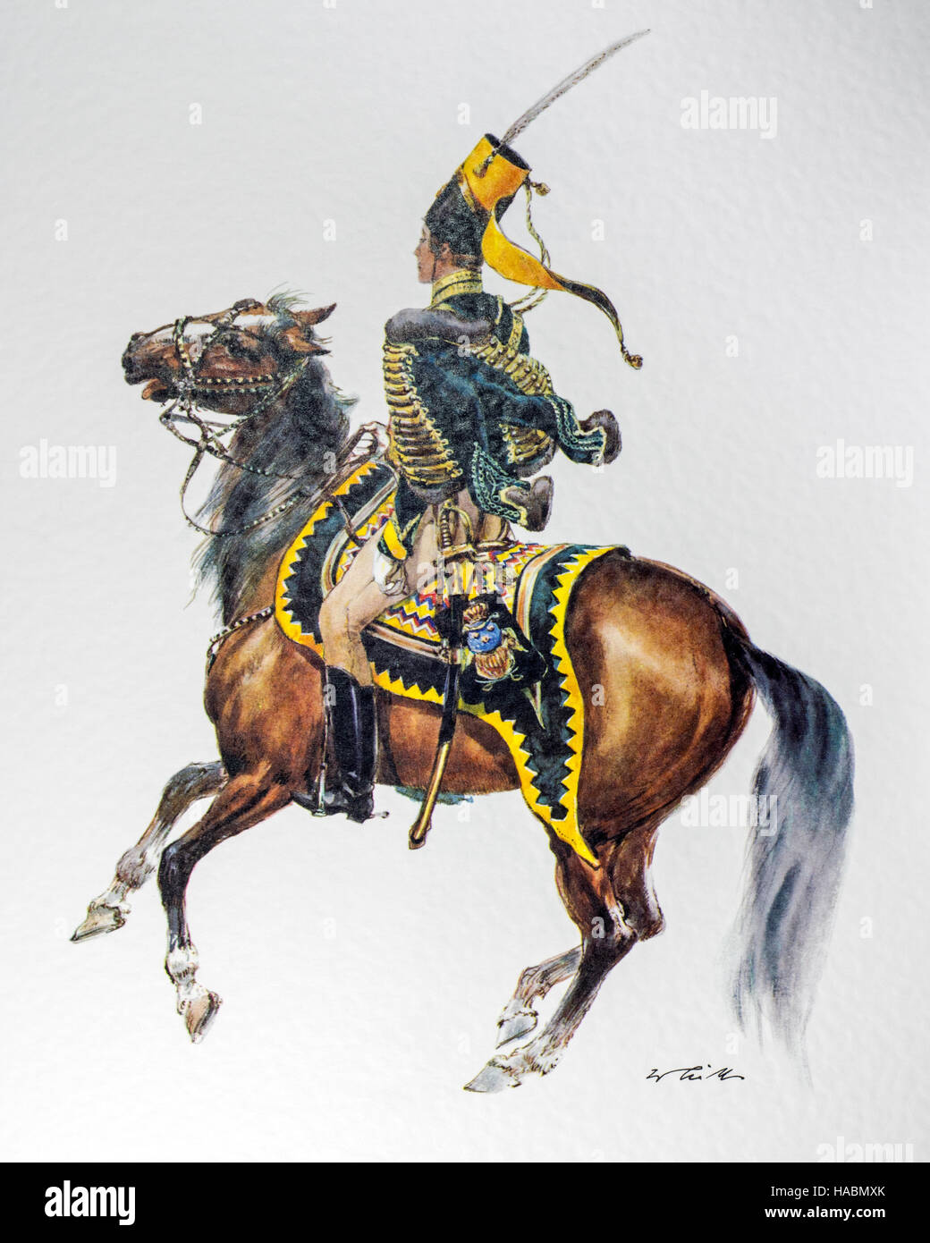 Schwedische Offizier auf dem Pferderücken in Uniform von 1837-Husaren-Regiment "Kronprinz" Stockfoto