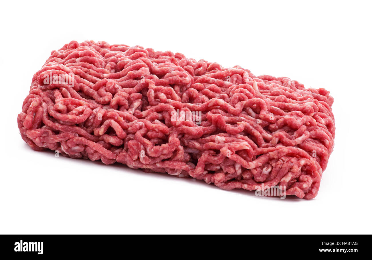 Block von rohem Hackfleisch Rind auf einem weißen Hintergrund isoliert Stockfoto