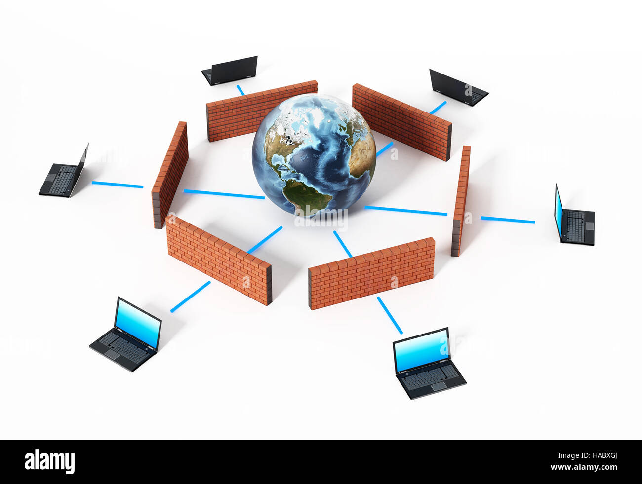 Laptop-Computern durch Firewall geschützt. 3D Illustration. Stockfoto