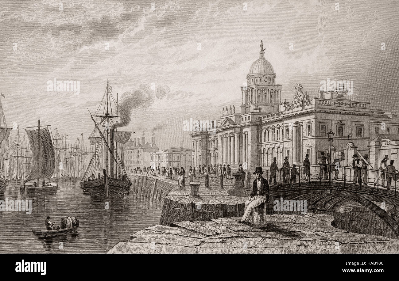 19. Jahrhundert-Blick auf das Custom House, entworfen von James Gandon, befindet sich auf der Seite der Fluss Liffey, Custom House Quay, Dublin City, Irland Stockfoto
