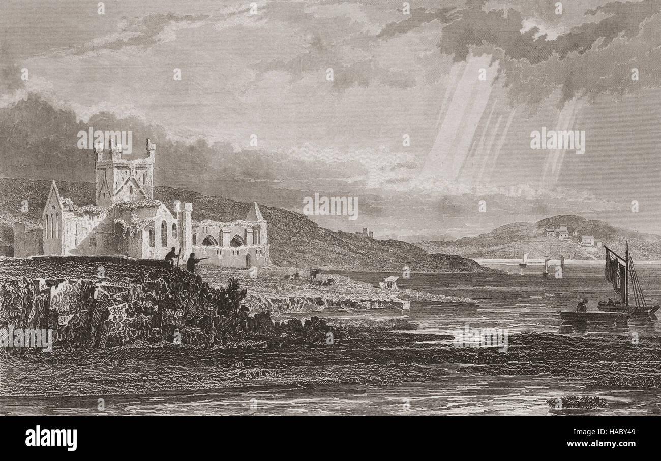 19. Jahrhundert wurde im 15. Jahrhundert, County Wexford, Irland Blick auf die Ruinen der Dunbrody Abbey, ein ehemaliges Zisterzienserkloster, erbaut im 13. Jahrhundert, mit dem Turm hinzugefügt. Stockfoto