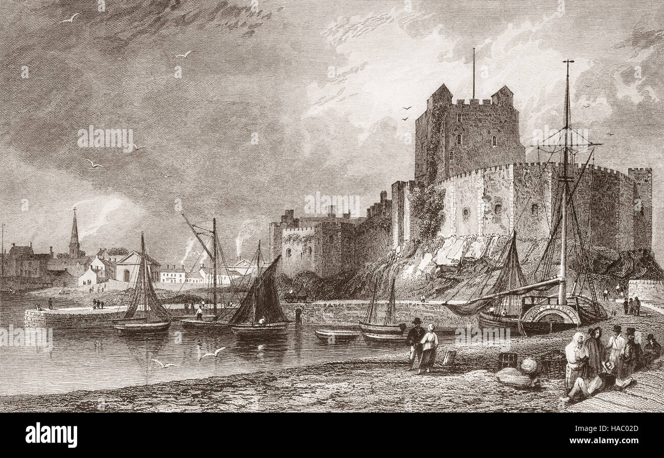 19. Jahrhundert Ansicht von Carrickfergus Castle ist eine normannische Burg erbaut von John de Courcy 1177 auf dem nördlichen Ufer des Belfast Lough Carrickfergus, County Antrim, Nordirland Stockfoto