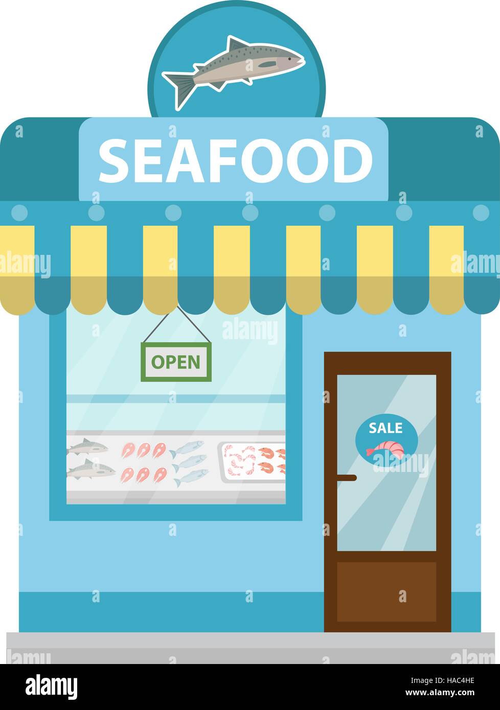 Meeresfrüchte-Shop Gebäude, Schaufenster Vektor Icon flach-Stil. Fischmarkt isolierten auf weißen Hintergrund. Produkte aus dem Meer zu speichern. Stock Vektor
