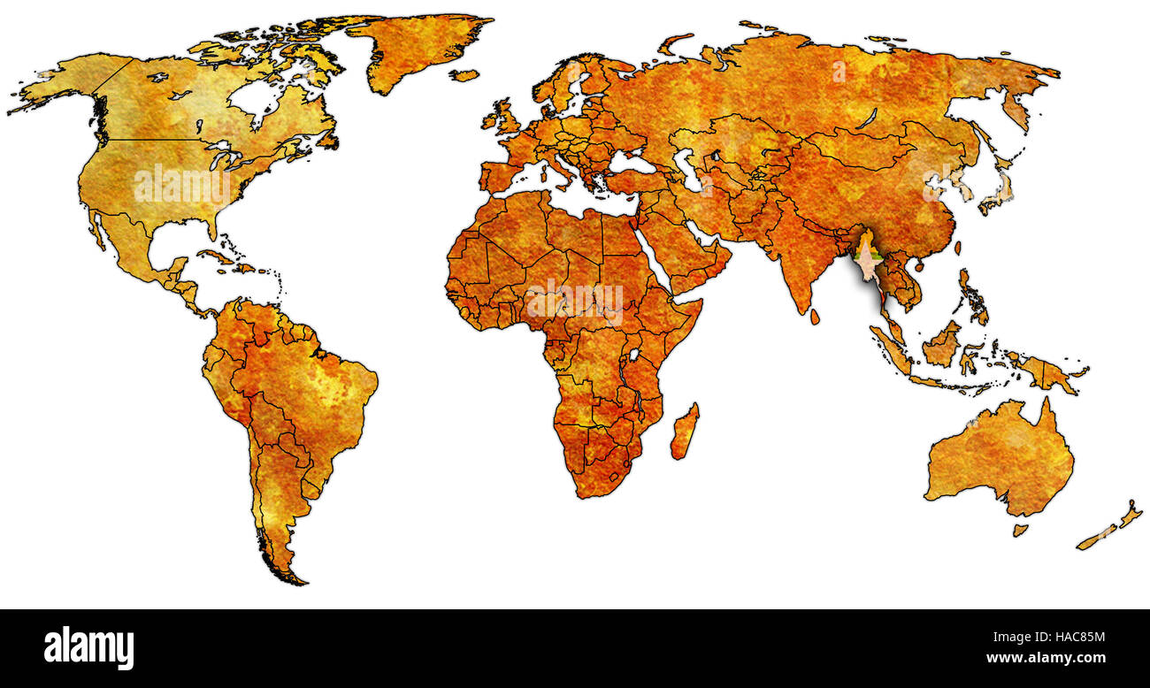 Myanmar Flagge auf alten Vintage Welt Weltkarte mit Ländergrenzen Stockfoto