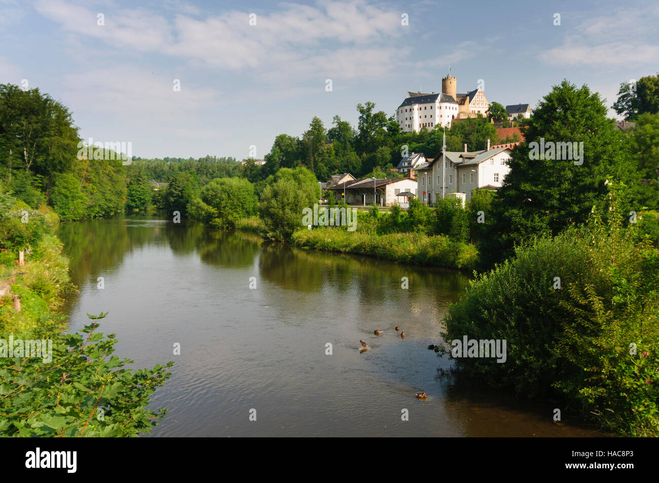 Drebach: Burg Scharfenstein über Fluss Zschopau, Erzgebirge, Erzgebirge, Sachsen, Sachsen, Deutschland Stockfoto