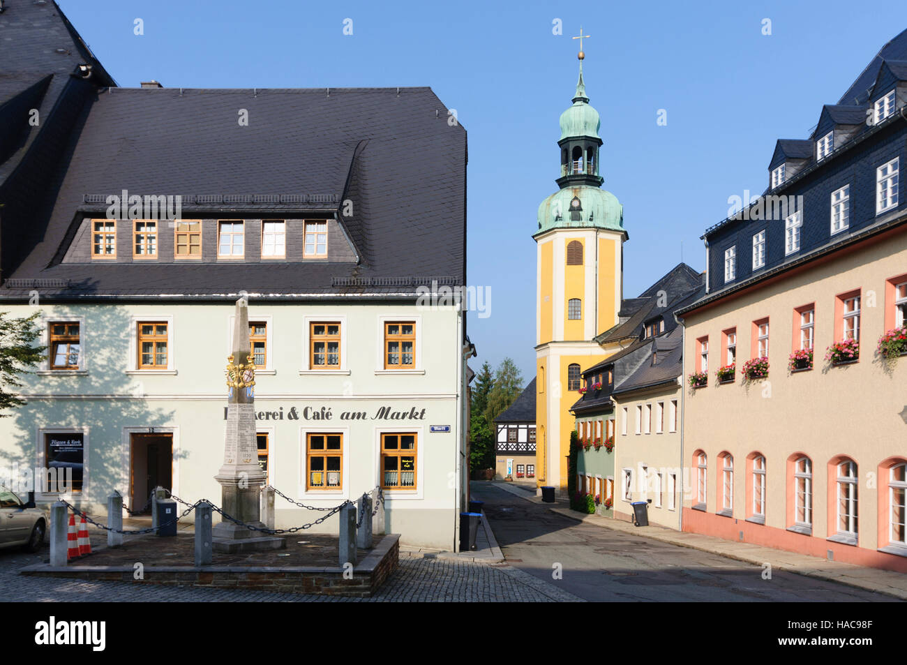 Wolkenstein (Erzgebirge): Marktplatz, St. Bartholomew Church, Erzgebirge, Erzgebirge, Sachsen, Sachsen, Deutschland Stockfoto