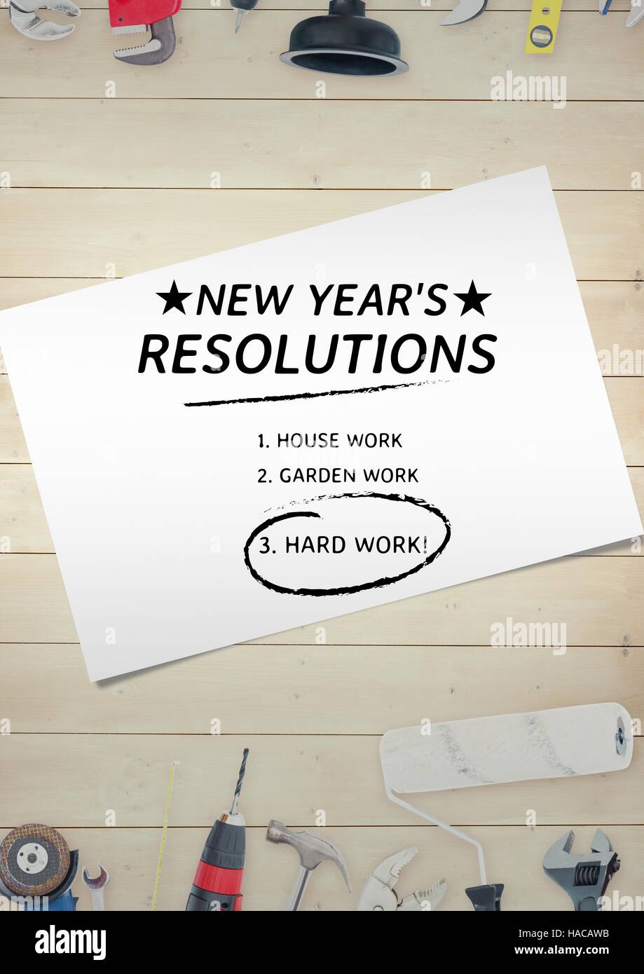 Neue Jahr Entschließung Ziele mit Werkzeugen auf Holztisch Stockfoto