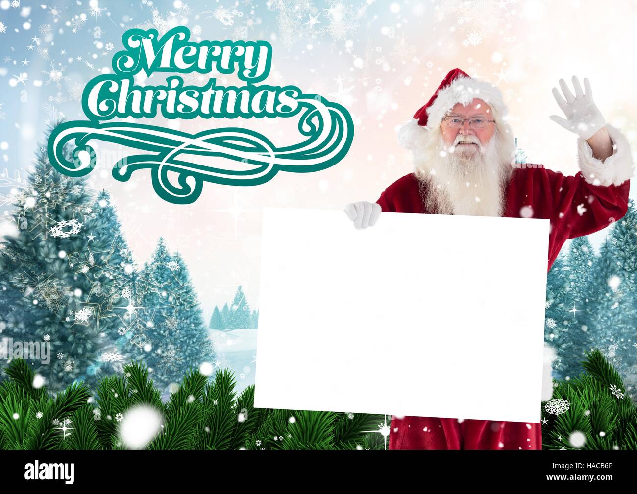 Santa Claus winken Hand halten Sie ein Plakat 3D Stockfoto