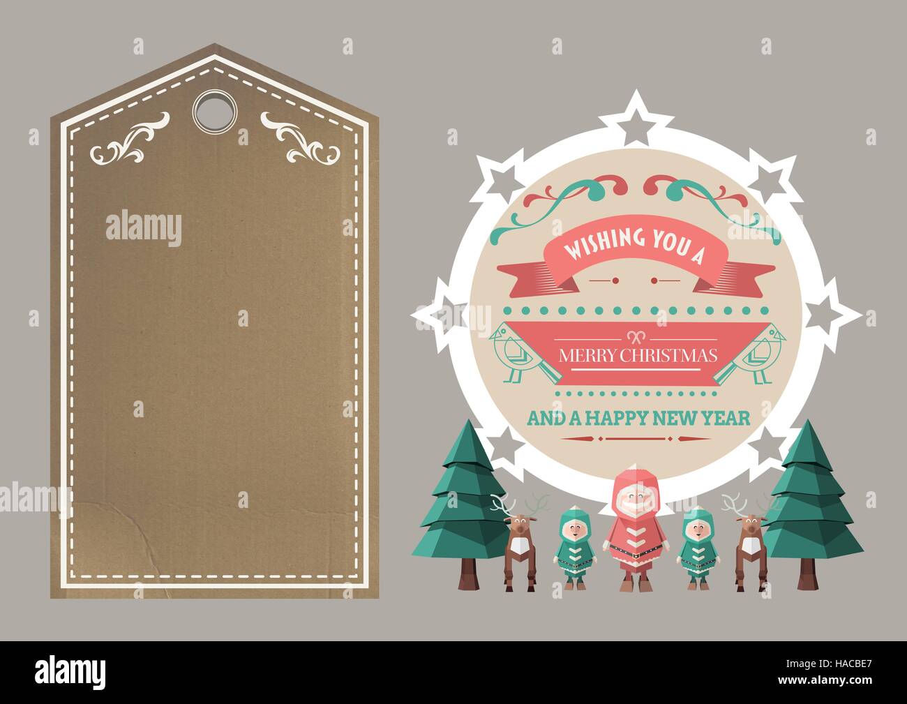 3D Abbildung des Baumes, Rentiere, menschliche Figuren und Frohe Weihnachten wünscht Stockfoto