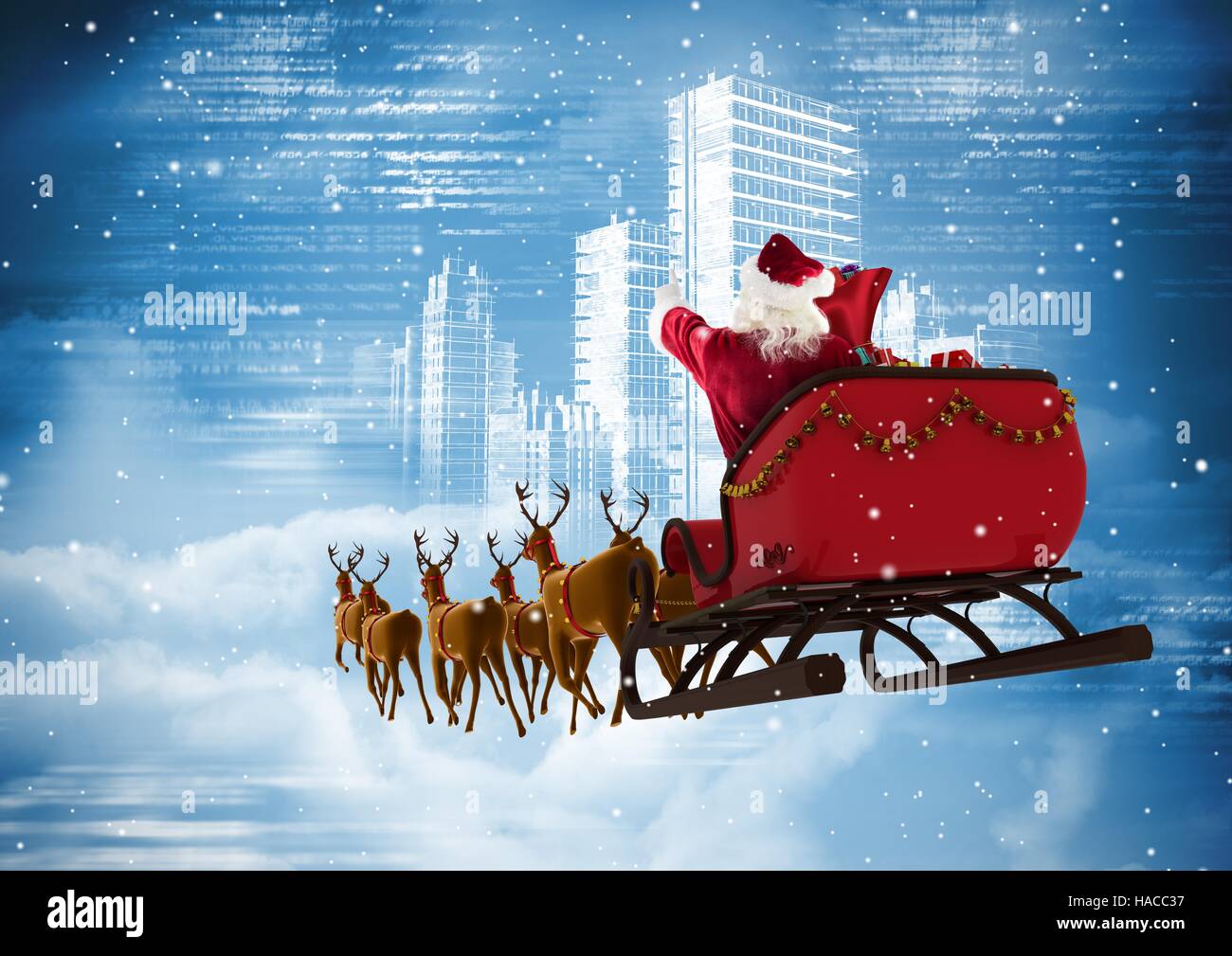 Santa Claus 3D Rentier-Schlitten gegen die Stadt Reiten Stockfoto