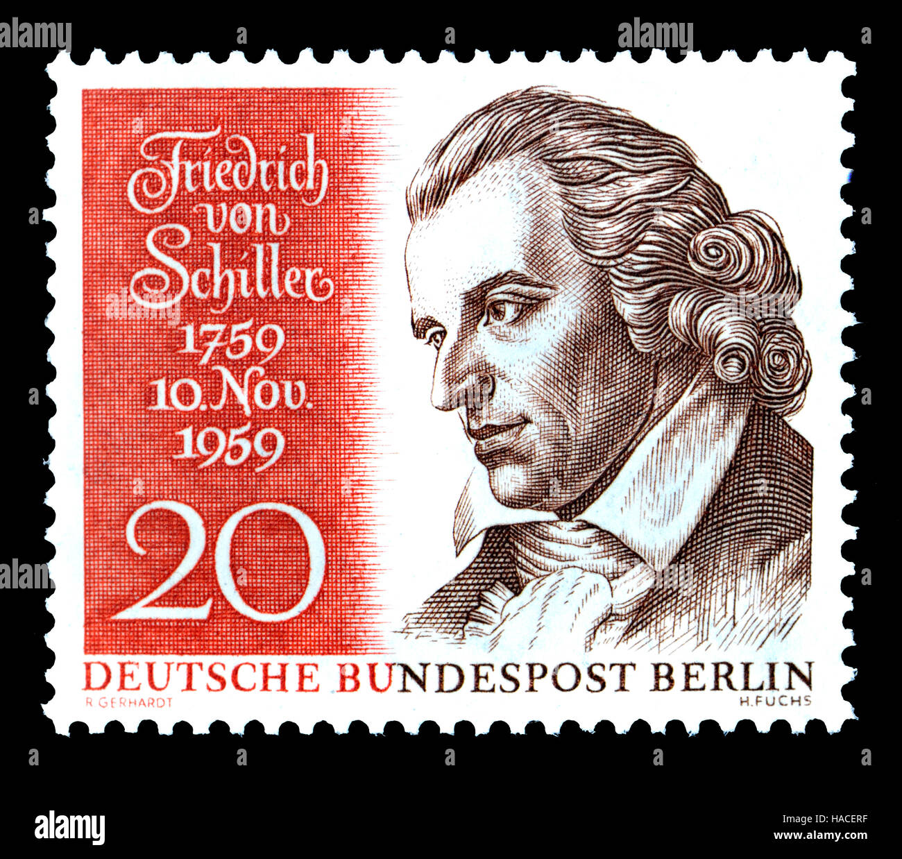 Deutsche Briefmarke (1959): Johann Christoph Friedrich von Schiller (1759-1805), deutscher Dichter, Philosoph, Arzt, Historiker und Dramatiker. Stockfoto