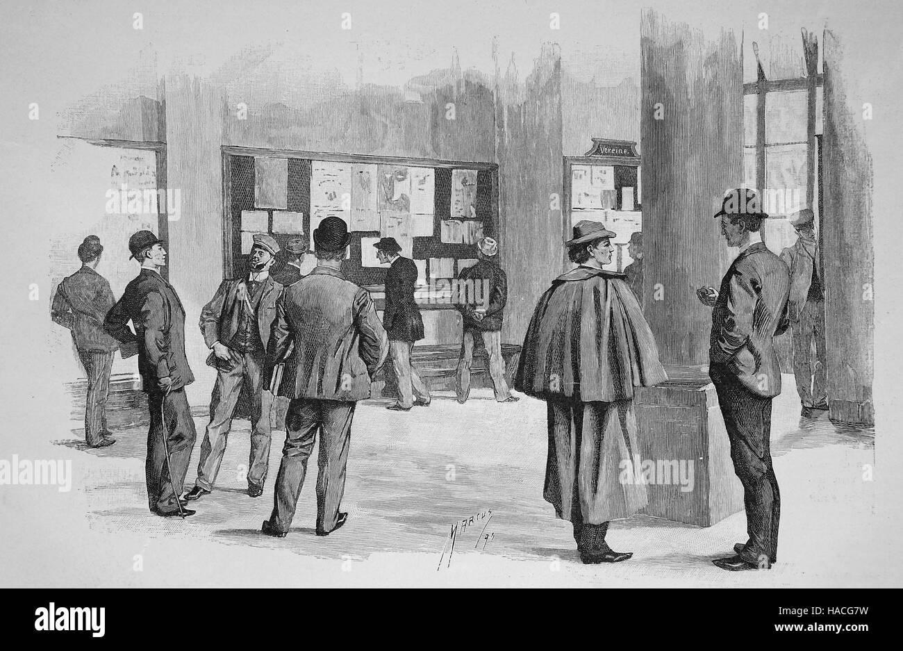 Männer stehen vor einem Brett, Pinnwand, Pinwand, Pinnwand oder Brett, 1880, Deutschland, historische Illustration, Holzschnitt Stockfoto