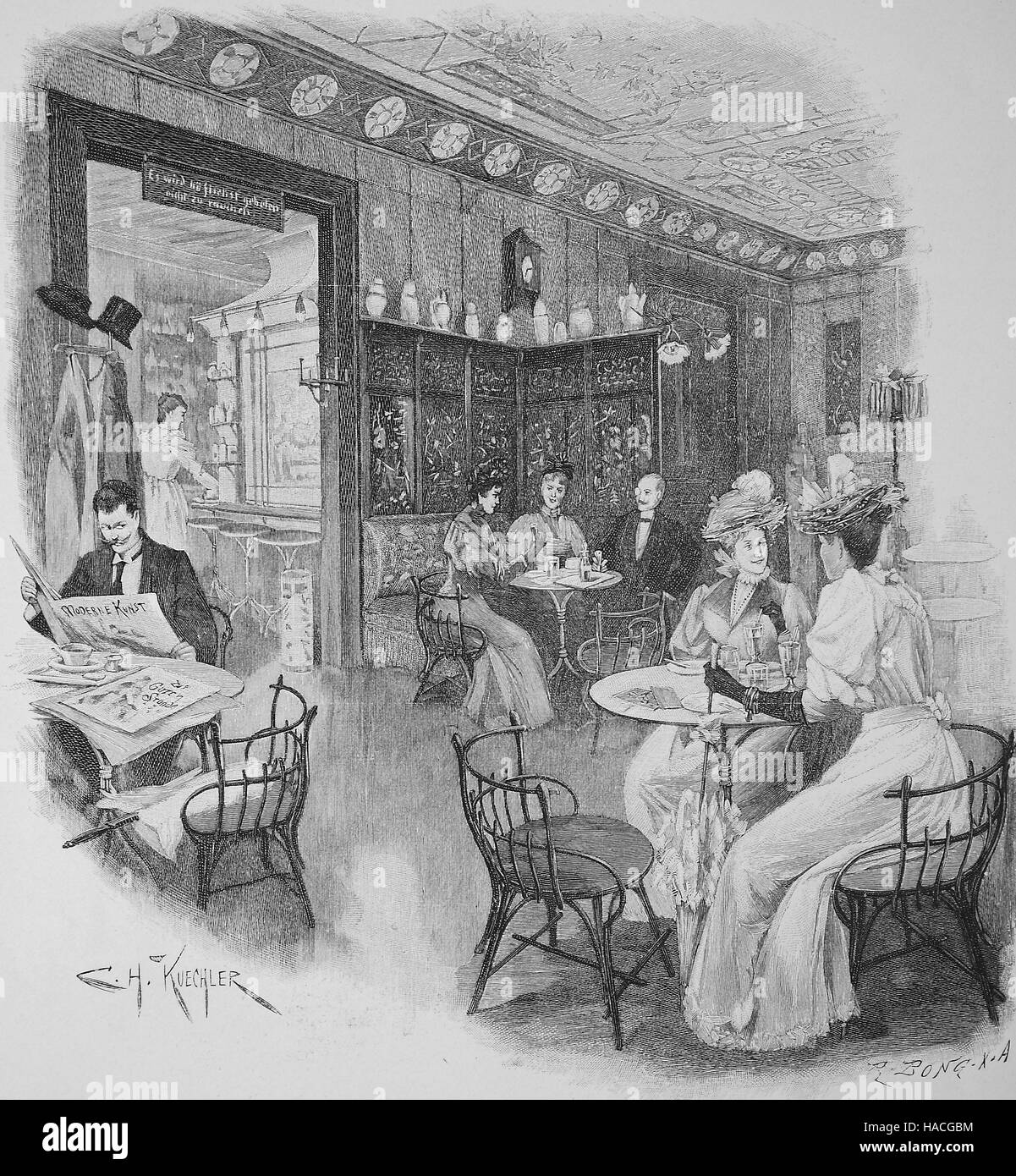 Das traditionelle Café Huebner in Hamburg, Deutschland, 1880, historische Illustration, Holzschnitt Stockfoto