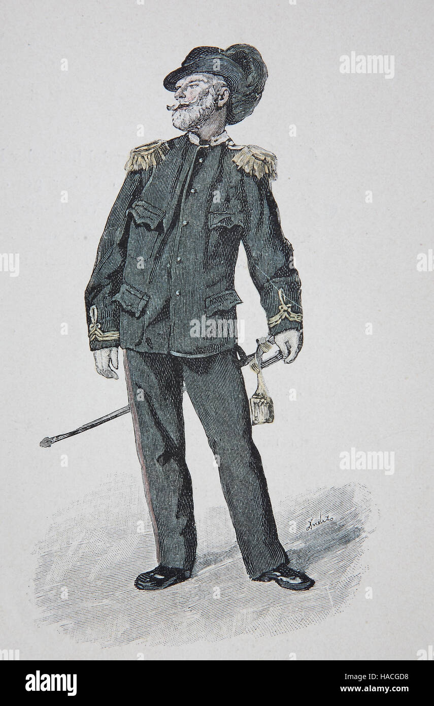 Ein militärischer Veteran in Budapest, Ungarn, 1880, historische Illustration, Holzschnitt Stockfoto