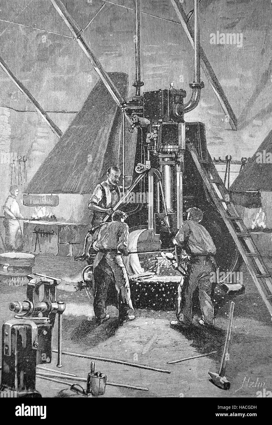 Ein Dampfhammer, angetrieben durch Dampf, macht Hammer Metall arbeiten, 1845, historische Abbildung, Holzschnitt Stockfoto