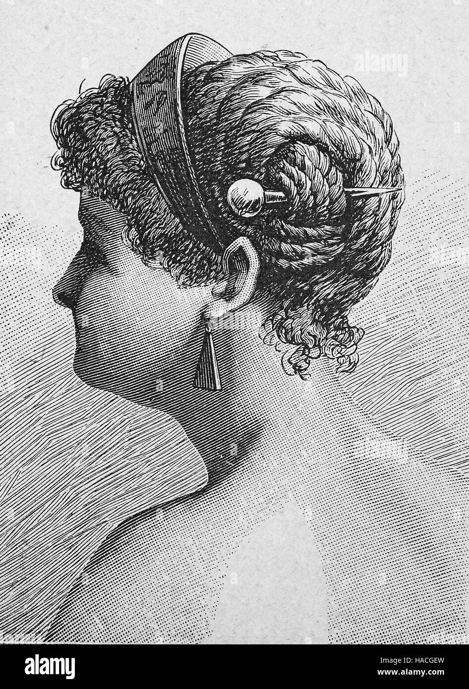 Haarschmuck, Frisur von Rom, 2. Jahrhundert, historische Illustration, Holzschnitt Stockfoto