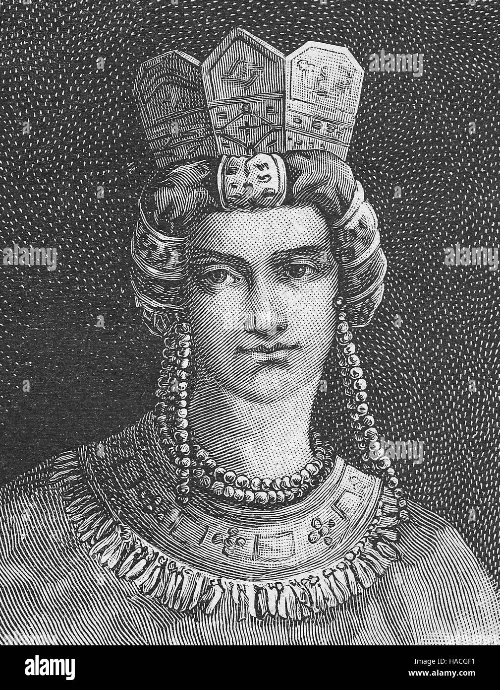 Frau mit byzantinischen Frisur, historische Illustration, Holzschnitt Stockfoto