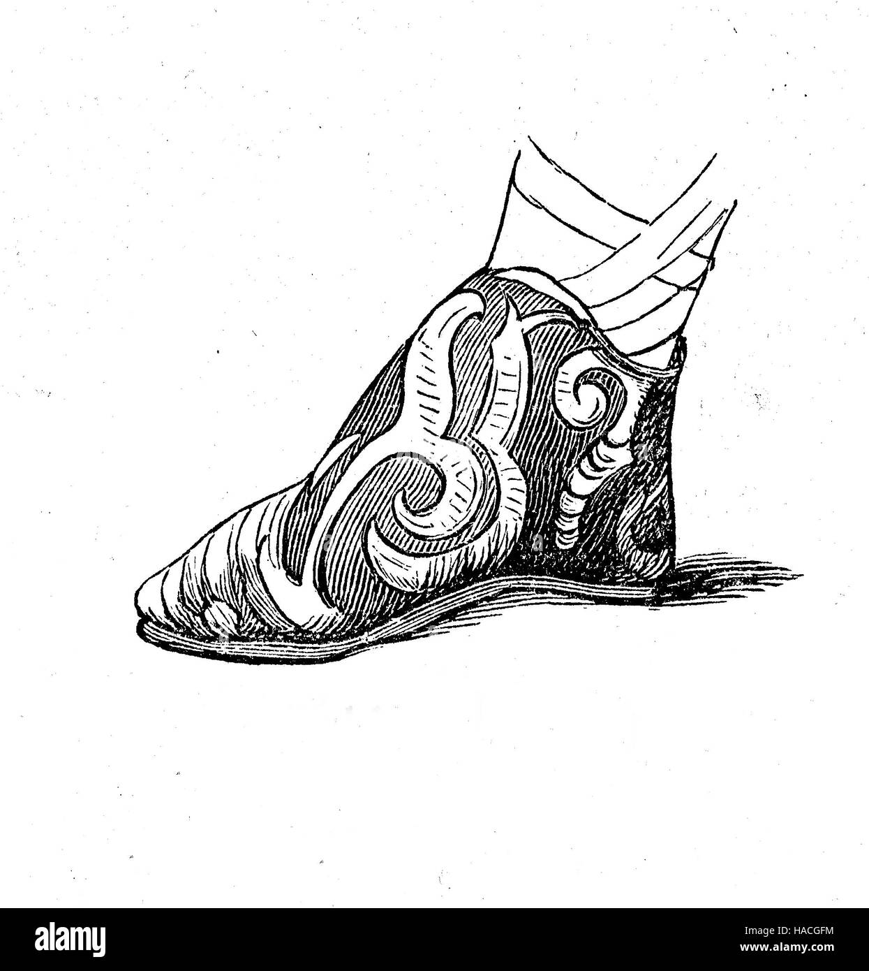 Schuhe, Mode vergangener Zeiten. fränkische Schuh aus dem 9. Jahrhundert, historische Illustration, Holzschnitt Stockfoto