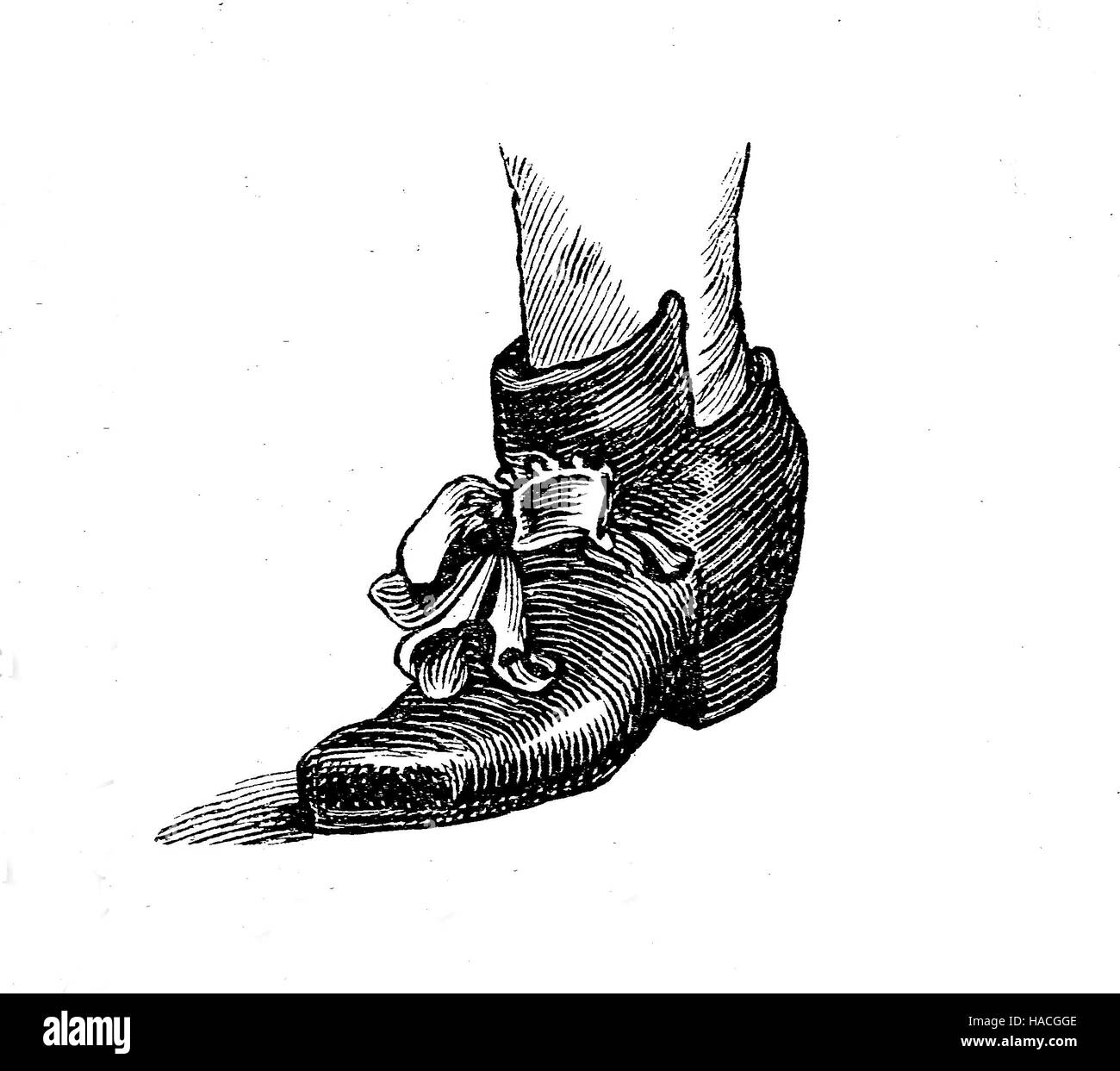 Schuhe, Mode vergangener Zeiten. Schuh aus Frankreich, 1650, historische Illustration, Holzschnitt Stockfoto